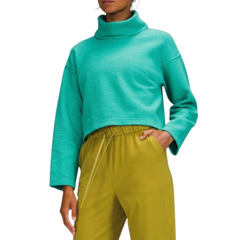 Lululemon Ribbed Funnel Neck Pullover Teal Green Cotton Jersey Sweatshirt Sz M/L
